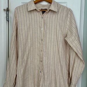 Jones New York Beige and White Striped Button-Down Shirt with Shiny Thread